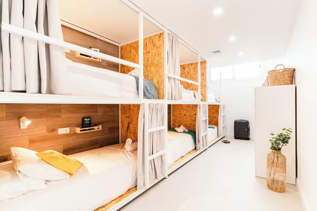 A modern hotel room with bunk beds, a wooden headboard, a white wardrobe, and a wicker plant.