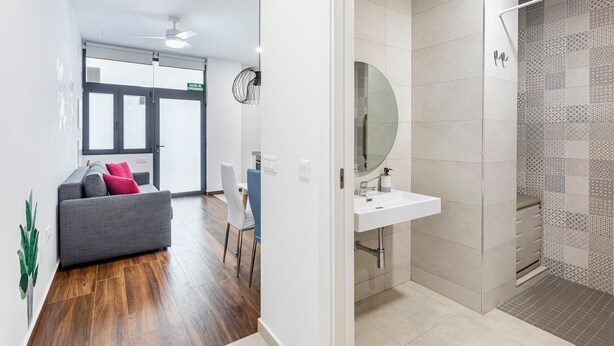 A modern interior with a grey sofa, white walls, a wooden floor, a bathroom with a shower, and a small desk. - Holiday Home 'Portal A Valencia' with Wi-Fi and Air Conditioning (València)