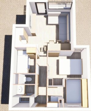 Ein Grundriss einer modernen Wohnung mit Küche, Wohnbereich, zwei Schlafzimmern, einem Badezimmer und einem Balkon.