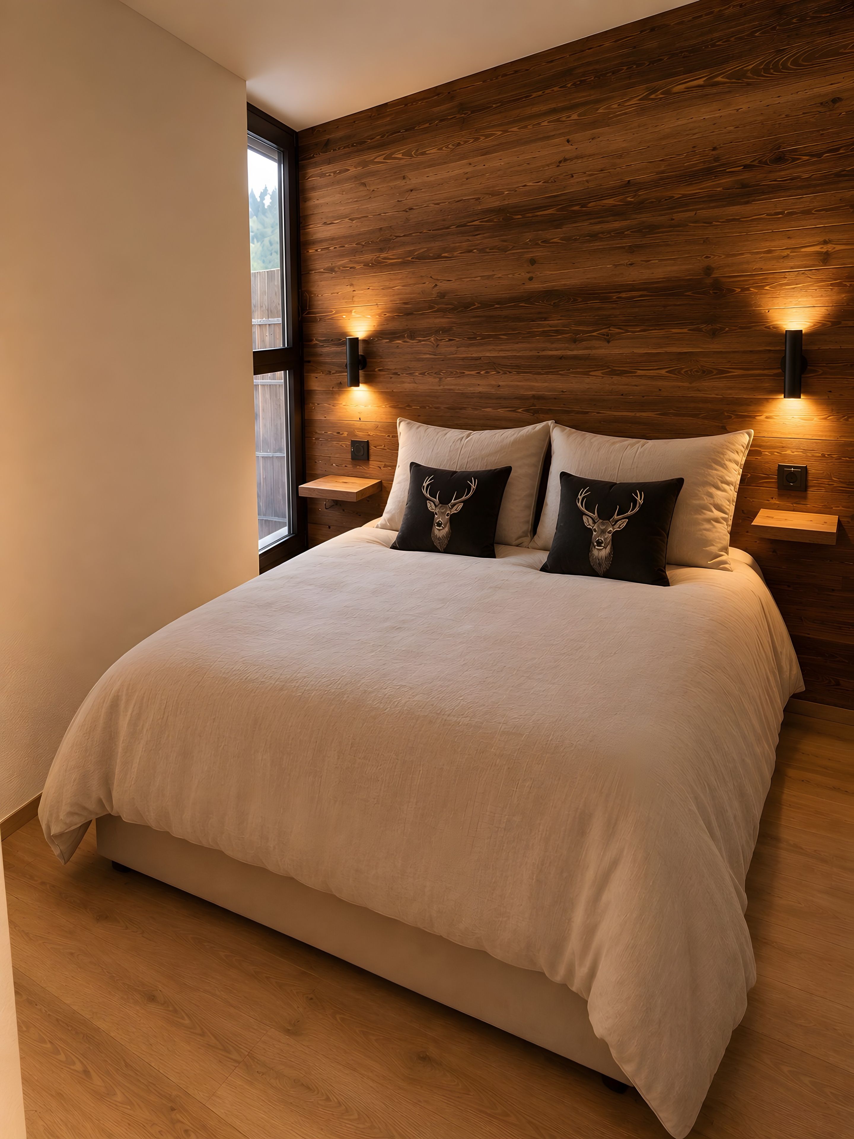 Une chambre à coucher avec un grand lit, une tête de lit en bois, deux lampes fixées au mur et une fenêtre.