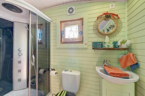 Shower, hair dryer, towels