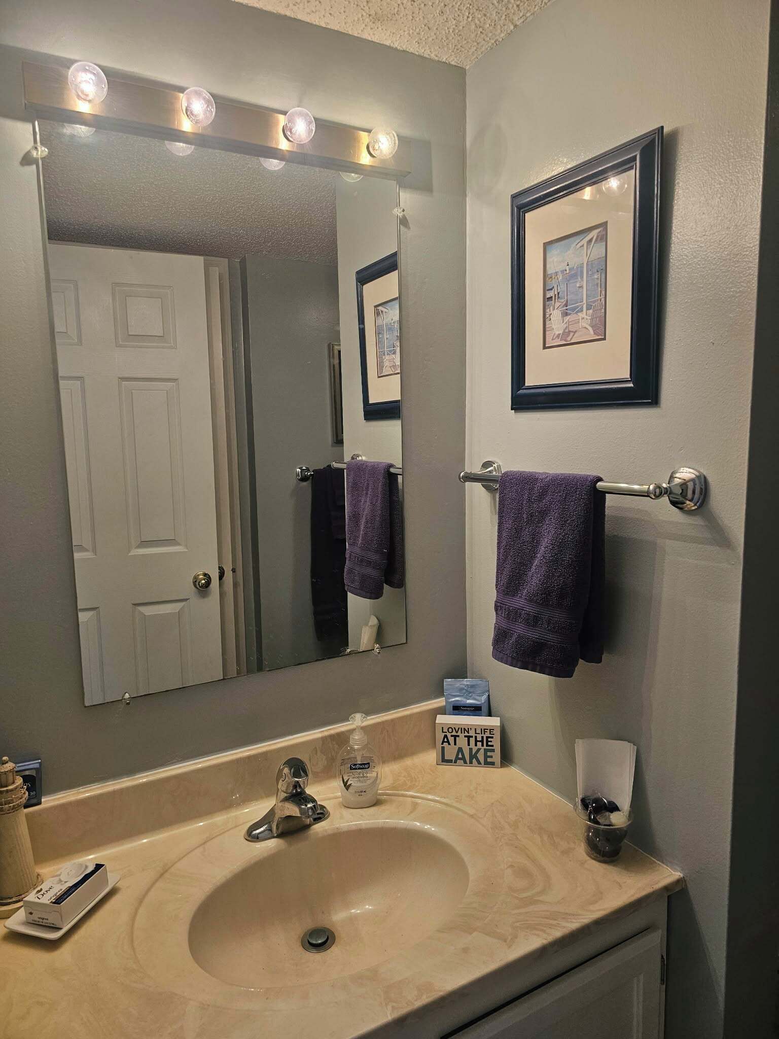 A bathroom with a large mirror, a sink, a towel rack, and a framed picture on the wall.