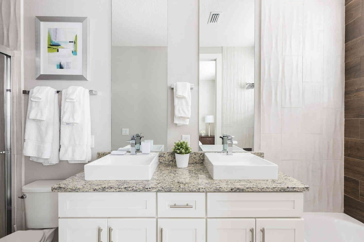 A modern bathroom with two sinks, a large mirror, and a potted plant.