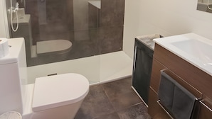 A modern bathroom with a glass-enclosed shower, a toilet, a sink, and a mirror. - Apartment 'A 2 Min De La Playa, El Palo' with Wi-Fi and Air Conditioning (Málaga)