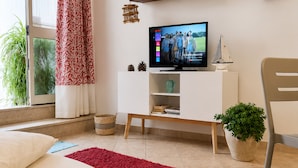 A modern living room with a television, a sofa, a coffee table with books and a remote, a red rug, and a potted plant. - La Casa Più Bella | Near San Vito Lo Capo, Cornino & Monte Cofano (Custonaci)