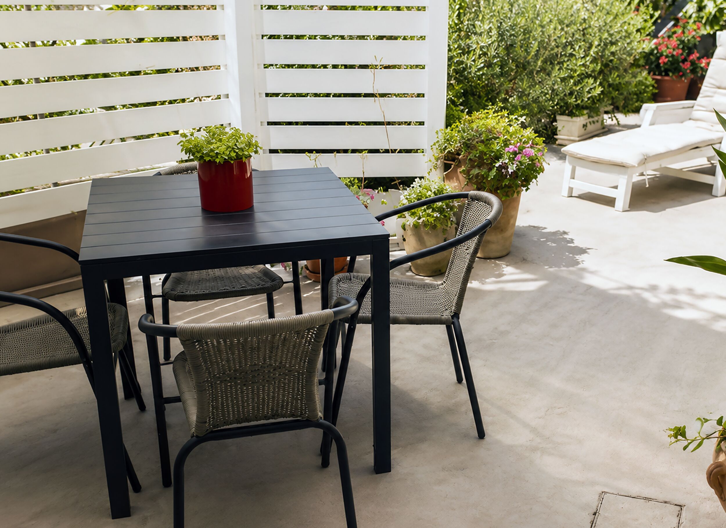 Un espace patio aménagé avec une table et des chaises, des plantes en pot et une clôture blanche.