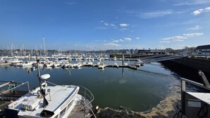 A marina with multiple boats docked, a clear sky, and a distant shoreline with buildings. - Comfortable apartment with an incredible sea view (Landéda)