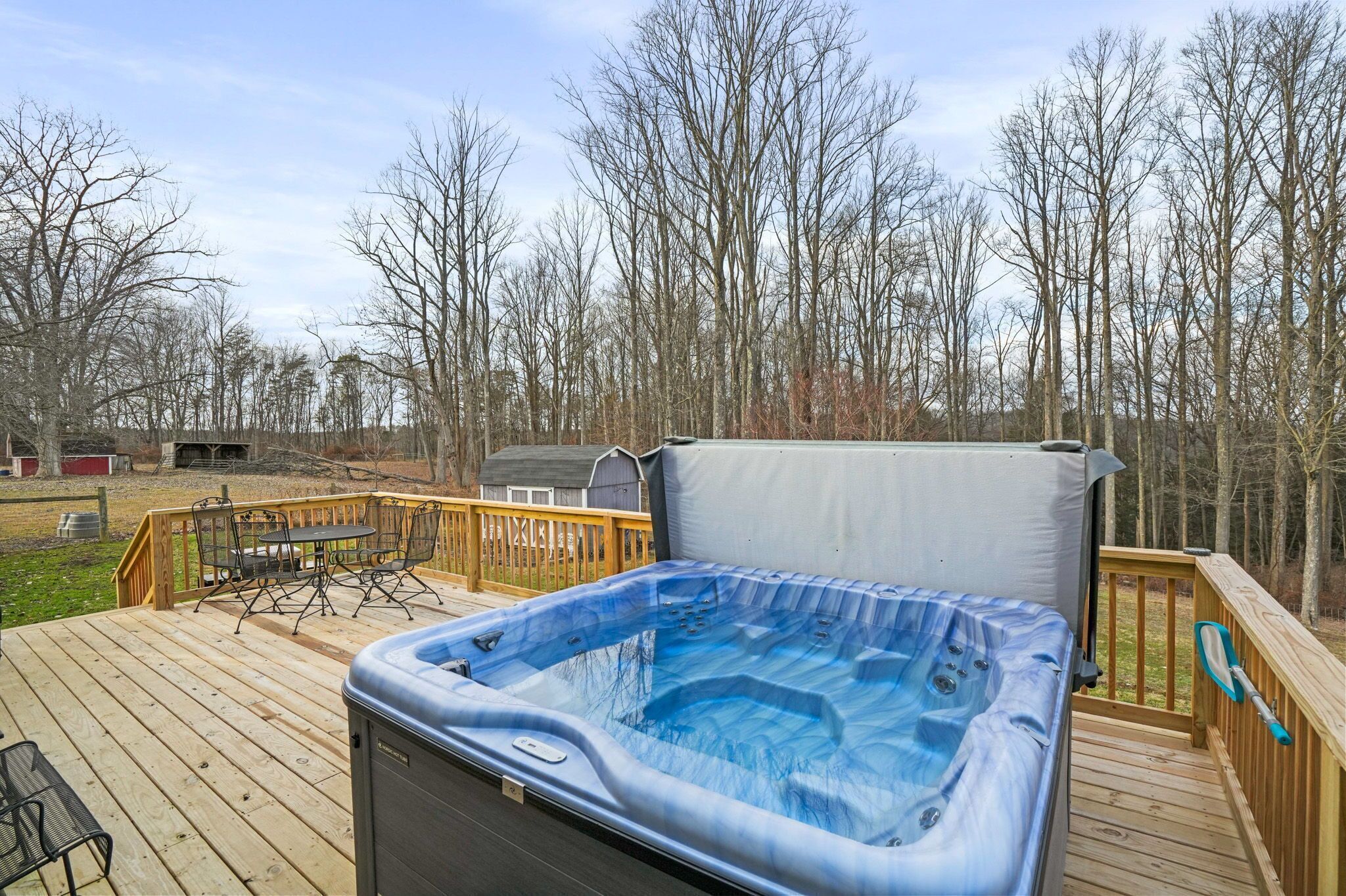 Een hottub op een houten terras, met een tafel en stoelen, omgeven door bomen.