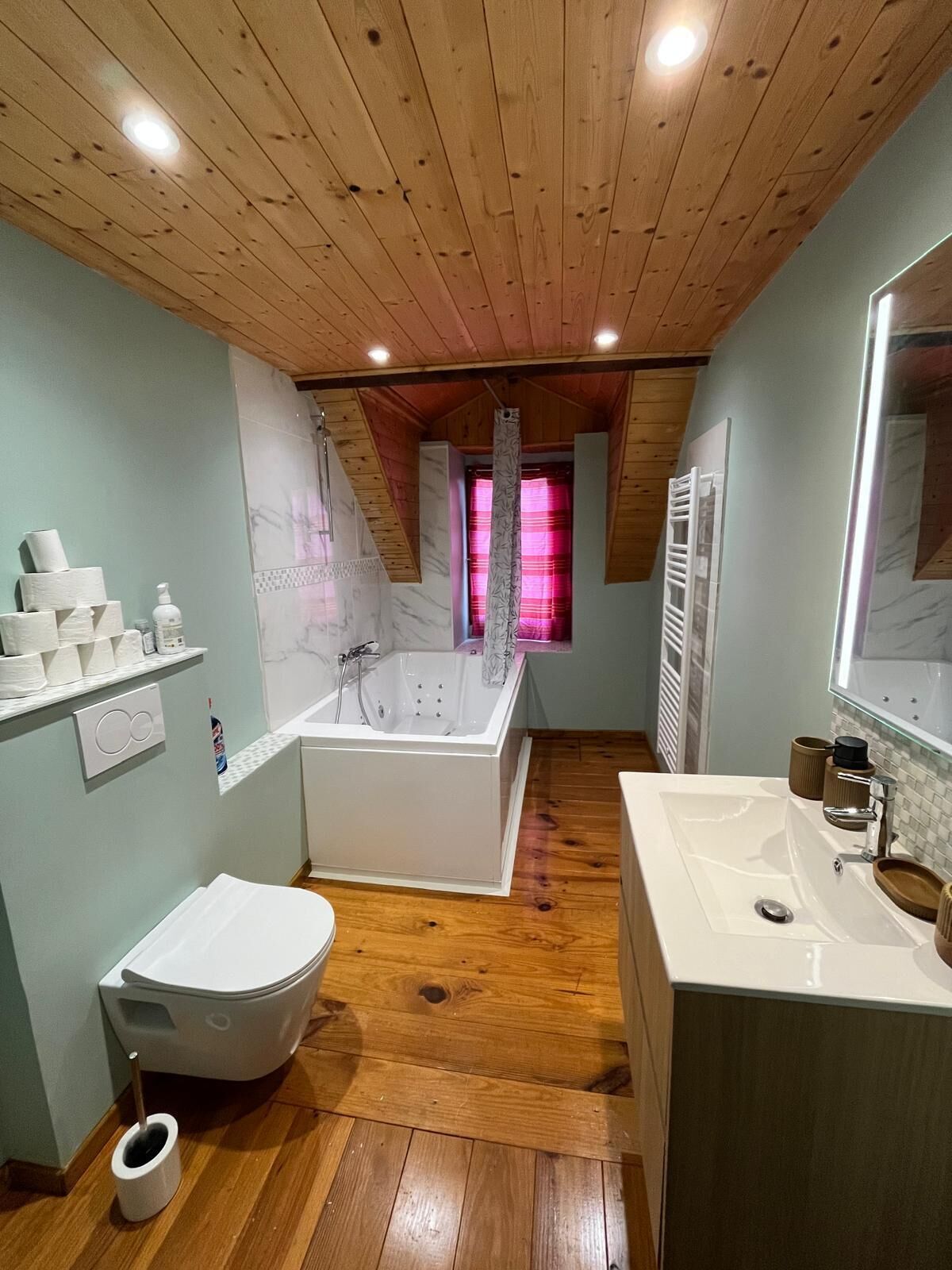 Douche, baignoire à jets, serviettes fournies, papier toilette