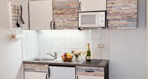 Kühlschrank, Mikrowelle, Herdplatte, Kochgeschirr/Geschirr/Besteck
