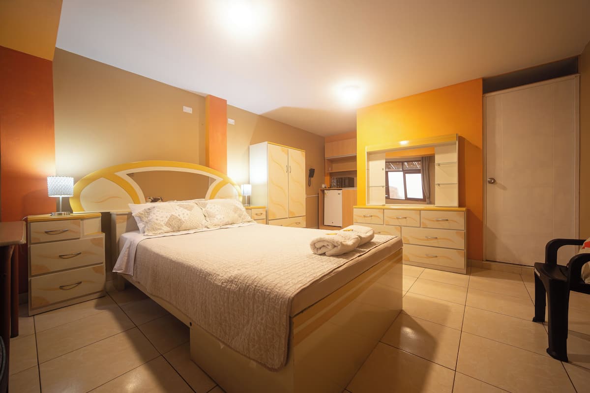 A hotel room with a bed, a desk, a chair, a wardrobe, and a bathroom.