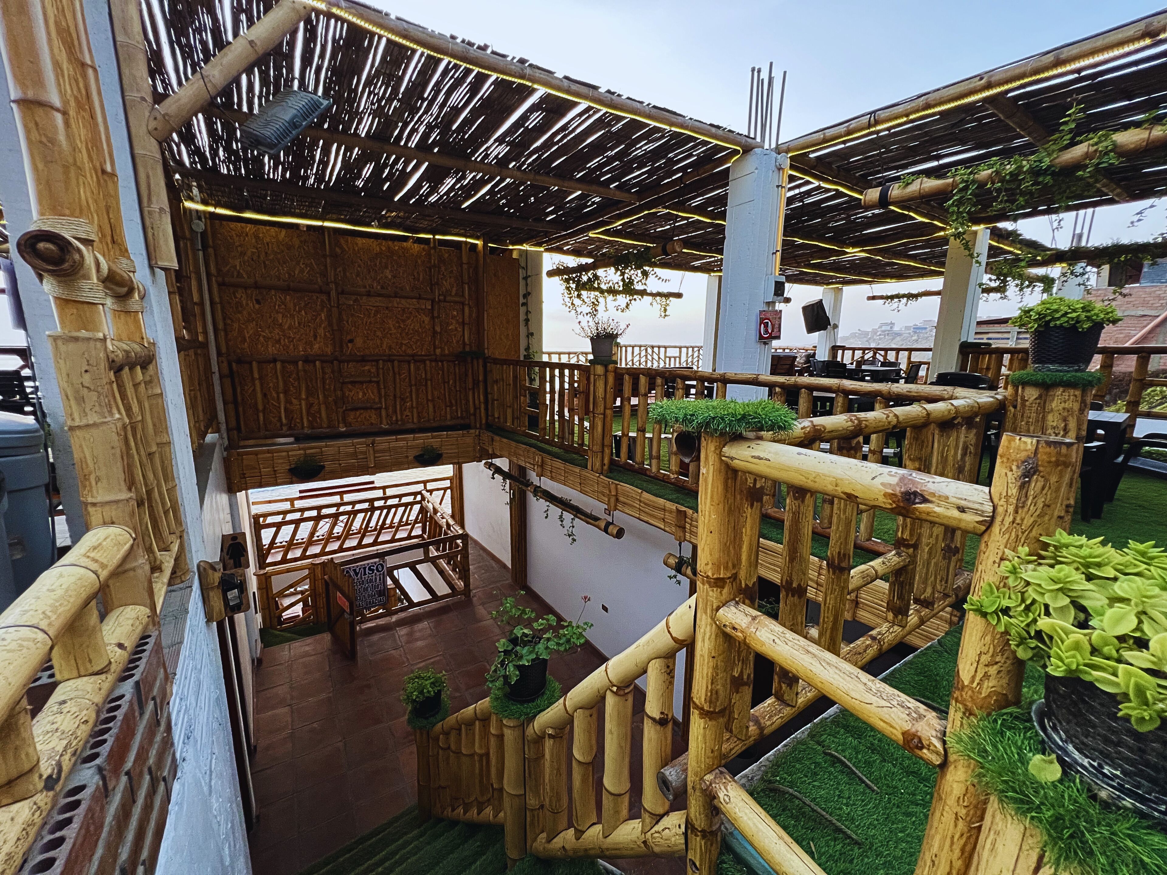 Un espacio al aire libre con temática de bambú, que incluye una terraza de madera, plantas en macetas y un área de descanso.