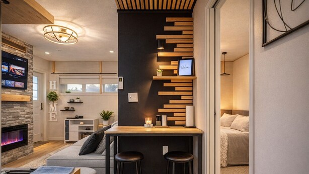 A modern kitchen with a built-in bar, a fireplace, and a TV mounted on the wall. - Private Cinematic Zen Loft\Spa Tub — 6PM–10AM (Orlando)