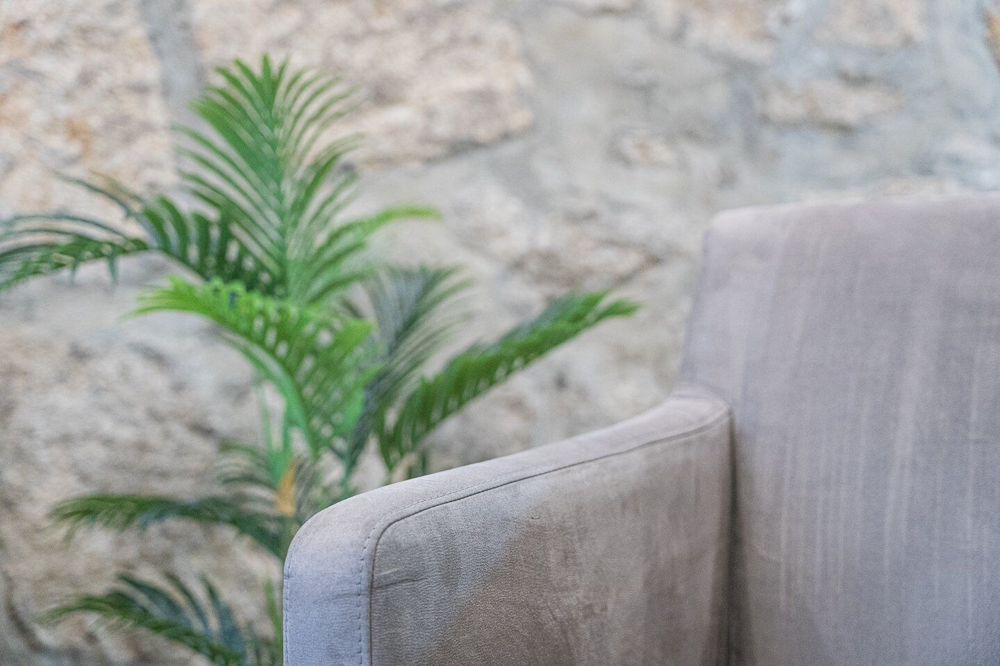 A corner of a room with a grey upholstered armchair and a green plant against a textured stone wall.