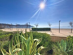 A sunny beach with clear skies, a sandy path, and green plants in the foreground. - LA PLAGE Roses / Roses - INTERimmo (Rosas / Roses)