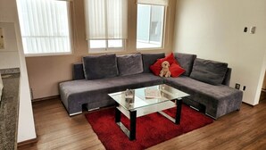 En moderne stue med en grå hjørnesofa, et glasbord og en rød måtte.