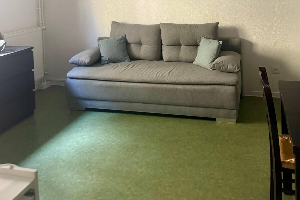 A grey sofa with multiple cushions, a green carpet, a white radiator, and a black chair.