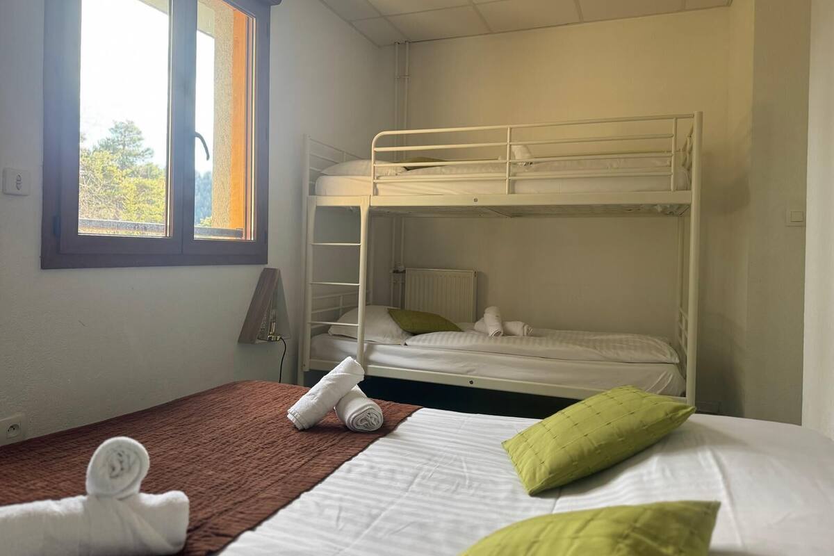 A bunk bed room with a window, a bedside table, and a brown rug.