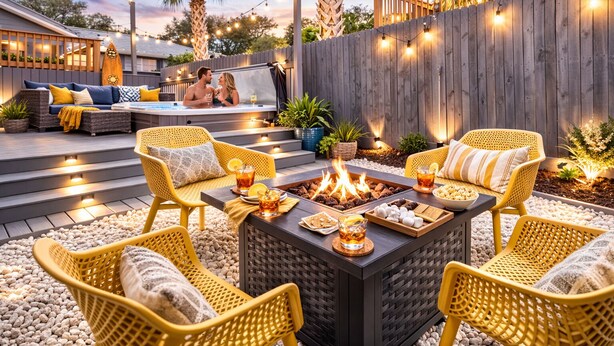 Eine Terrassengaststätte mit Korbmöbeln, einem Feuerkorb und Lichterketten.