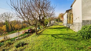 A grassy yard with a tree, a fence, and a building. - CASA PATRON-Large Italian Alps Holiday Home Italy- 1h from Turin- Pet friendly (Pecco)
