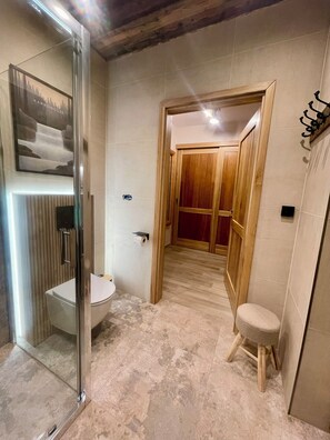 A bathroom with a glass shower enclosure, a toilet, and a wooden door leading to another room. - Izera Polana Also bookable as 2-3 houses (Świeradów-Zdrój)