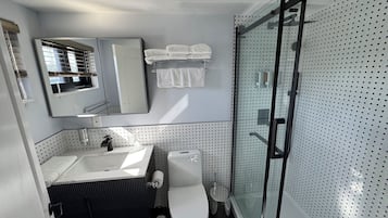 A modern bathroom with a large mirror, a sink, a toilet, and a shower area.