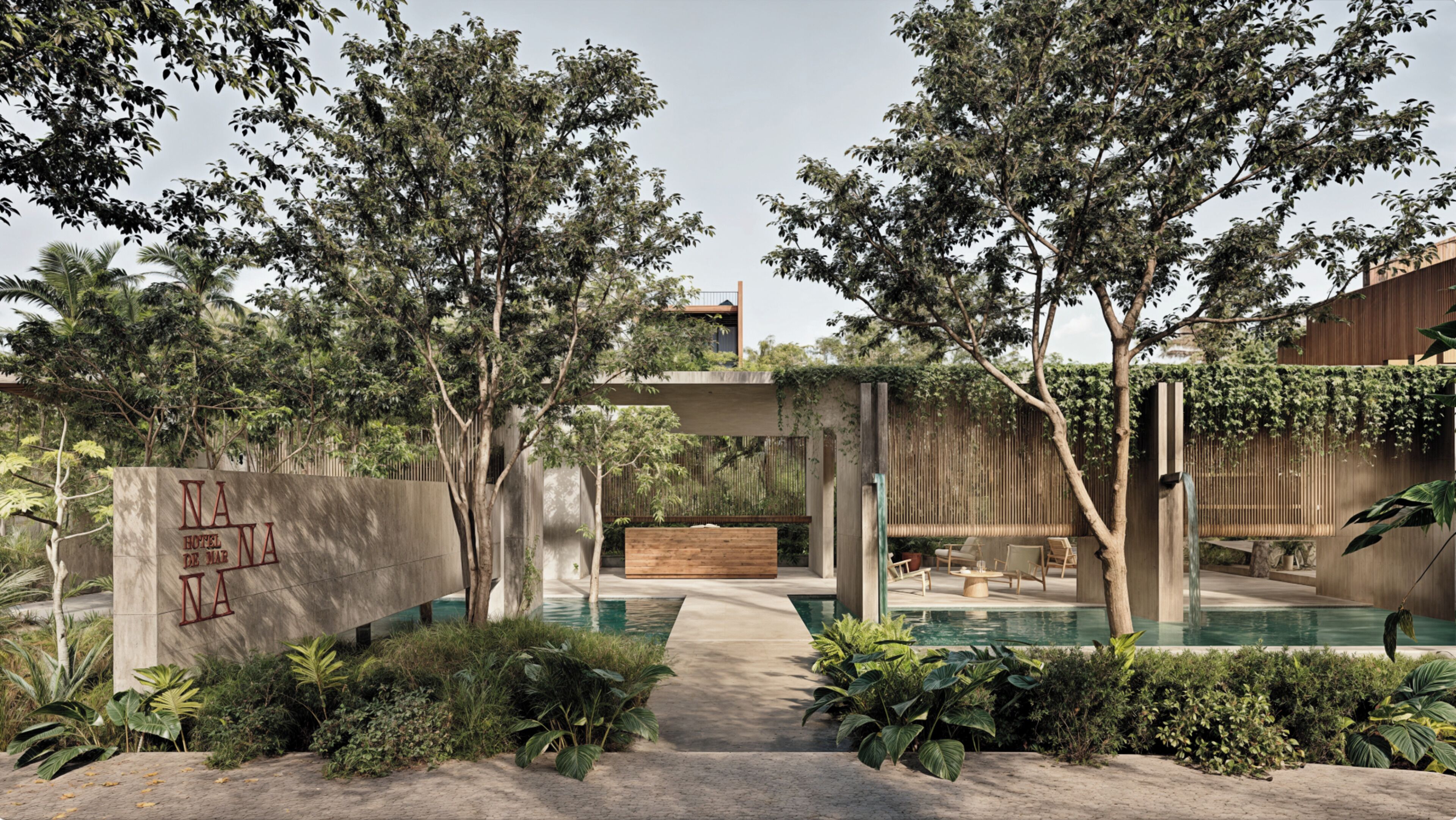 Alberca al aire libre, sombrillas en la alberca y camastros 