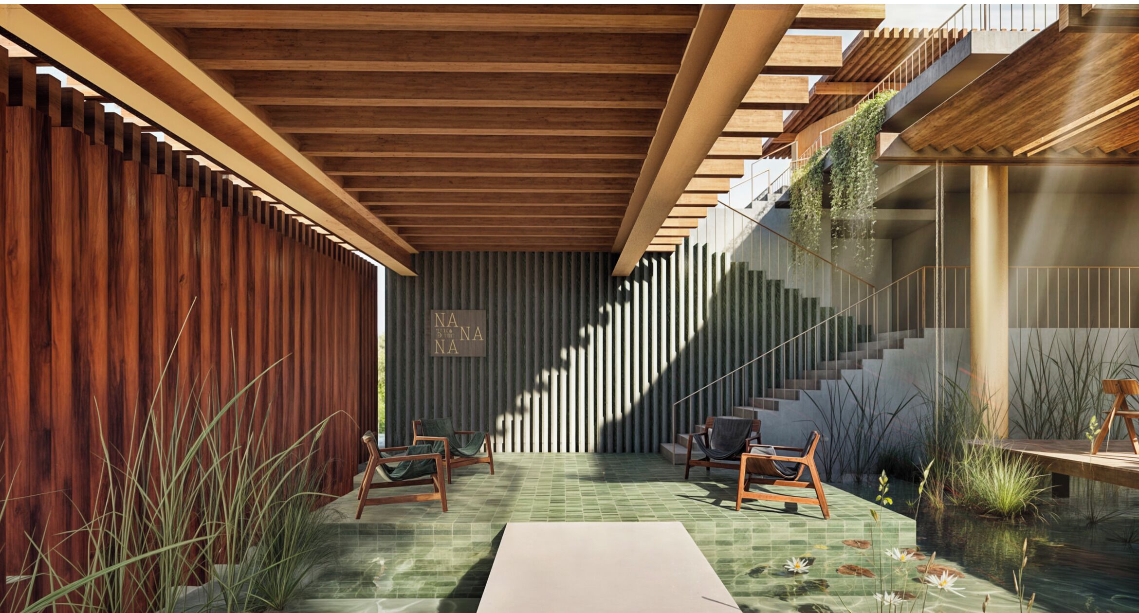 A modern interior with a wooden ceiling, a green tiled floor, and a seating area with chairs.