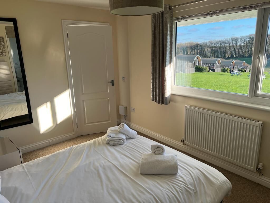 A hotel room with a large bed, a window with a view of a green landscape, a radiator, and a door.