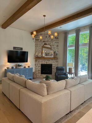 Smart TV, fireplace, books