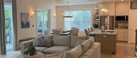 Smart TV, fireplace, books