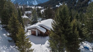 Een besneeuwde lodge met een houten gevel, omringd door dichte altijdgroene bomen en besneeuwde bergen op de achtergrond.