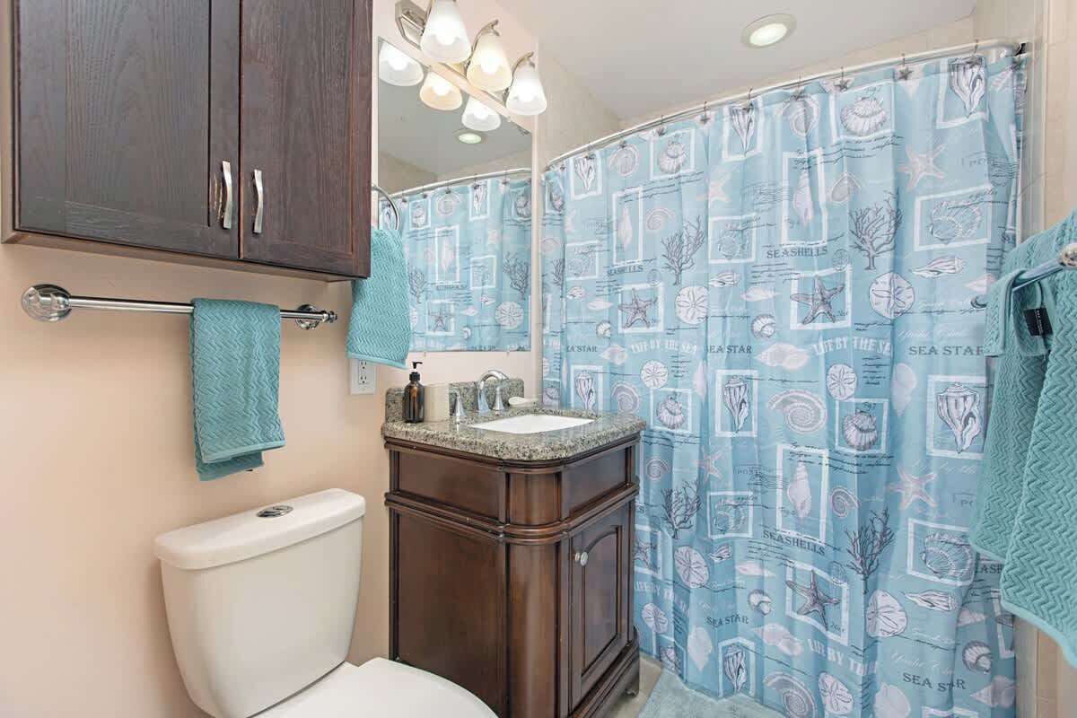 Shower, hair dryer, towels, shampoo