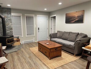 Smart TV, fireplace, books