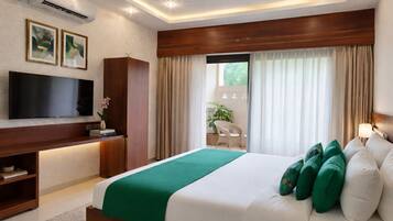 Desk, laptop workspace, blackout drapes, soundproofing