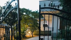 Ein verschlossenes Tor mit Metallgitter, ein Weg zu einem Gebäude und Grünpflanzen im Hintergrund.