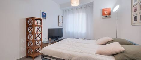 A bedroom with a bed, a TV, a bookshelf, and a desk.