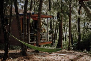 A wooden cabin with a balcony, surrounded by tall pine trees. - Ecolodge Cat Ba (Hai Phong)