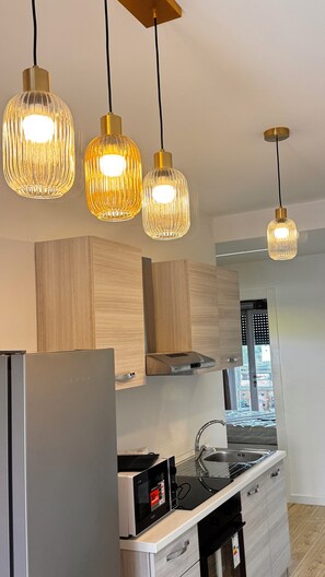 A modern kitchen with a refrigerator, microwave, and stove, and pendant lights with a unique design. - City Bibes  Mestre  Venezia (venezia)