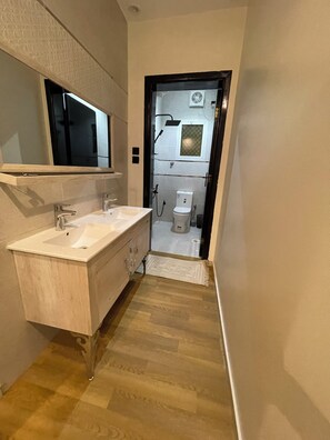 Ein modernes Badezimmer mit einem Doppelwaschbecken, einem Spiegel, einer Dusche und einem WC.