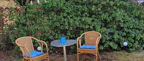 Two wicker chairs with blue cushions and a small round table with a blue object on it, set on a grassy area with a dense hedge in the background.