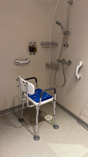 Shower, eco-friendly toiletries, hair dryer, towels