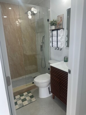 Hair dryer, towels, soap, toilet paper