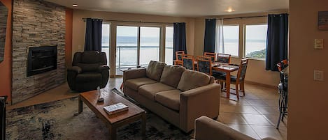 Smart TV, fireplace, books