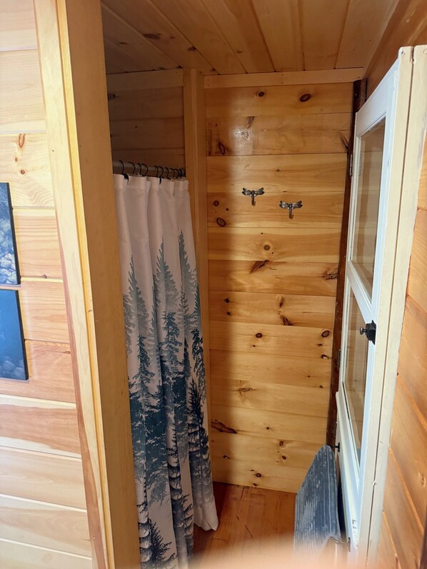 A wooden interior with a door, a curtain with a forest pattern, and a small window.