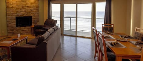 Smart TV, fireplace, books