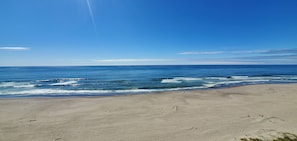 Une plage avec un ciel dégagé et des vagues calmes.
