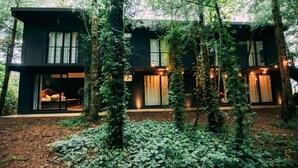Ein modernes, zweistöckiges Haus, umgeben von dichtem Wald.