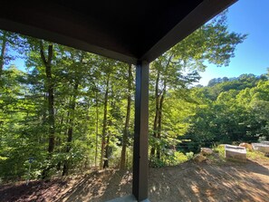 Ein überdachter Außenbereich mit Blick auf einen dichten Wald.