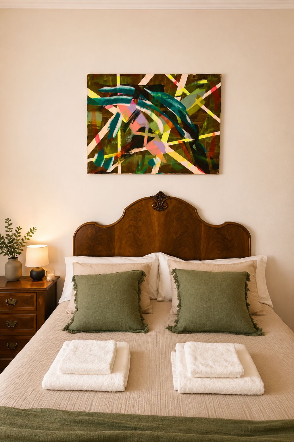 Una cama bien hecha con dos almohadas, una mesita de noche con lámpara y un cuadro abstracto colgado en la pared.